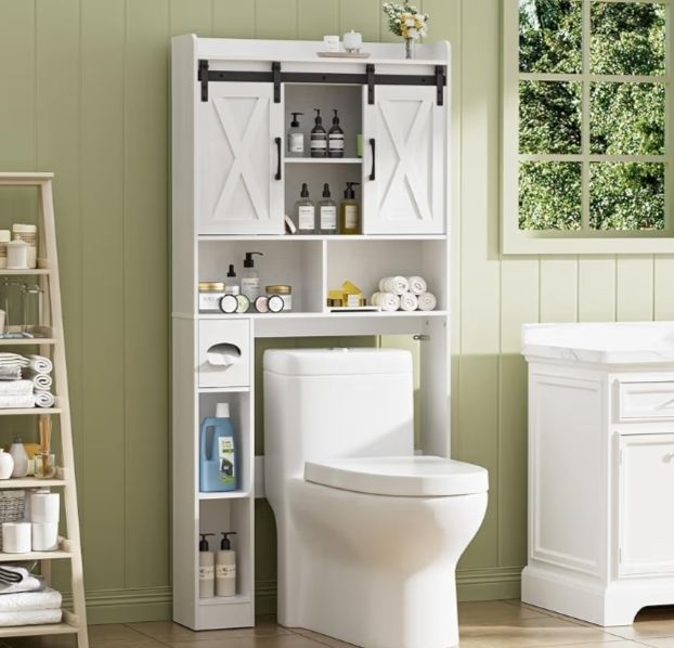 Toilet Storage Unit with 2 Sliding Door, Bathroom Storage Cabinet, Freestanding Toilet Space Saver with Adjustable Open Shelves, Laundry Cabinet Furniture, White