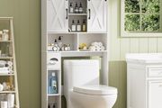Toilet Storage Unit with 2 Sliding Door, Bathroom Storage Cabinet, Freestanding Toilet Space Saver with Adjustable Open Shelves, Laundry Cabinet Furniture, White