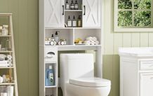 Toilet Storage Unit with 2 Sliding Door, Bathroom Storage Cabinet, Freestanding Toilet Space Saver with Adjustable Open Shelves, Laundry Cabinet Furniture, White