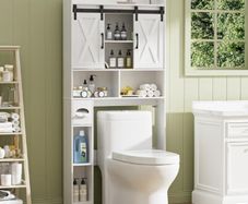 Toilet Storage Unit with 2 Sliding Door, Bathroom Storage Cabinet, Freestanding Toilet Space Saver with Adjustable Open Shelves, Laundry Cabinet Furniture, White