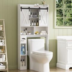 Toilet Storage Unit with 2 Sliding Door, Bathroom Storage Cabinet, Freestanding Toilet Space Saver with Adjustable Open Shelves, Laundry Cabinet Furniture, White