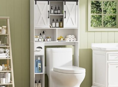 Toilet Storage Unit with 2 Sliding Door, Bathroom Storage Cabinet, Freestanding Toilet Space Saver with Adjustable Open Shelves, Laundry Cabinet Furniture, White