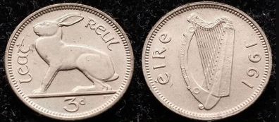 [#223] - Ireland 1961 | Irish 3d | Three Pence | Hare | KM.12a | AU