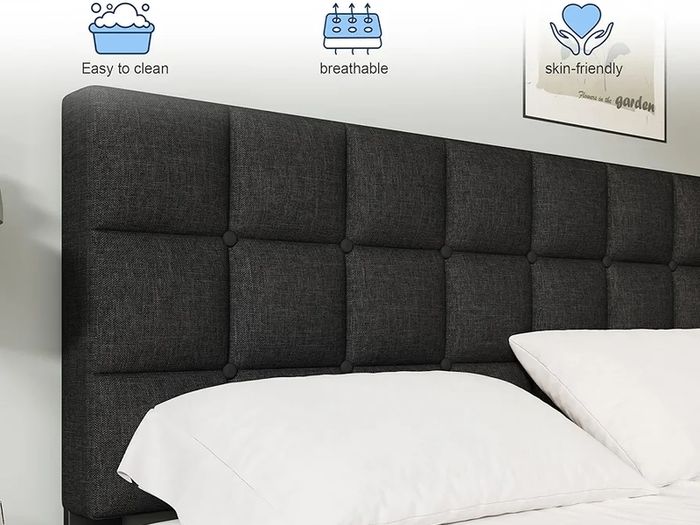 Small Double Bed Frame, Easy Assembly, Sturdy Wooden Slat Support, Upholstered Platform with Headboard, No Box Spring Needed, Black Small Double Bed 120/190