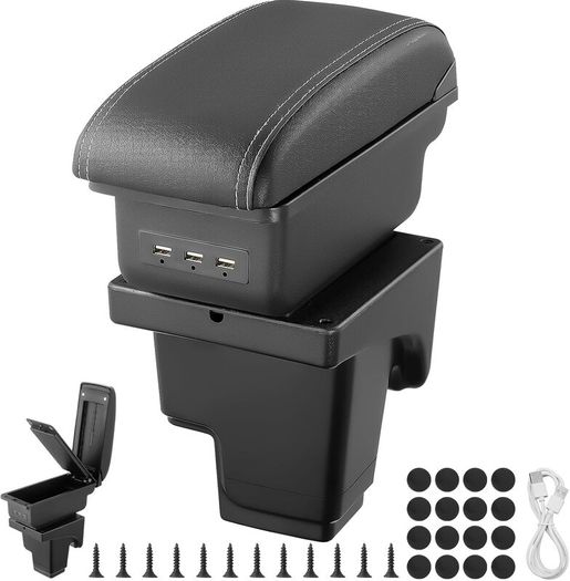 Car Armrest Storage Box with 3 USB Charging Ports fit for Ford Focus 3 MK3 2011-2018, Double Layer Central Console Storage Box, PU Leather Storage Armrest Box(Black)