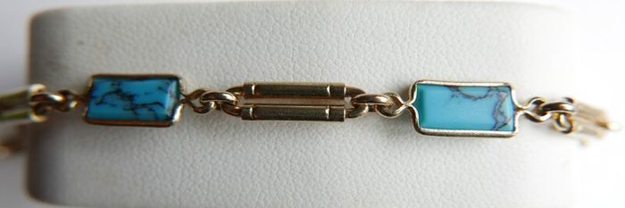 Vintage Turquoise Gold Plated Bracelet Anklet  - Gemstone Jewelry , Birthstone , Blue Stone 7,5" - 5,45g