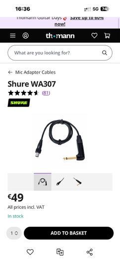 Shure GLXD1+ with cable and battery