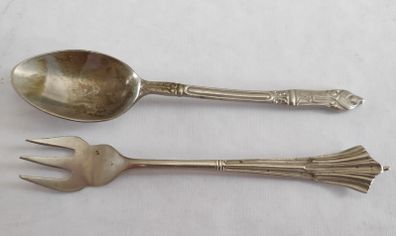 Vintage demitasse spoon with Apostle pattern & silver plated cocktail fork