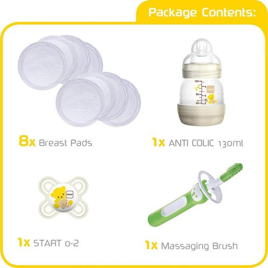 MAM Newborn Baby Bundle, Full of Newborn Baby Gifts & Hospital Bag Essentials, Including MAM Baby Bottle, Baby Soother, Teething Massaging Brush and Breast Pads