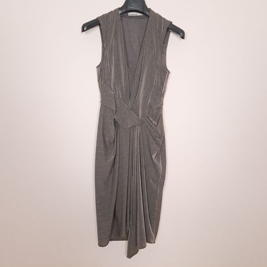 Karen Millen Taupe Grey Draped Asymmetric Wrap Sleeveless Midi Cocktail Dress 8UK/36EU