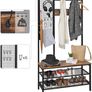_Large Coat Stand with Bench, Clothes Rack with 9 Coat Hooks and Shoe Rack, with Grid Wall, 185 cm High, Lots of Storage, for Hallway / Bedroom, Vintage Look, Dark Brown Image 3