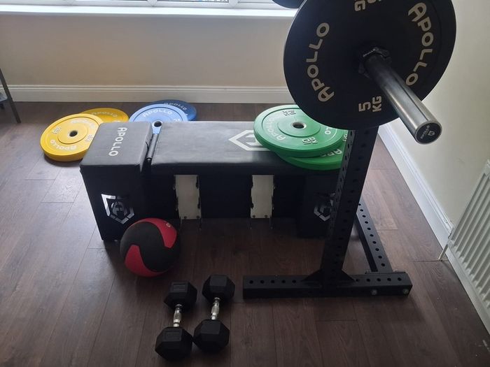 squat rack with weights and adjustable bench