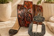 Luxury Handcrafted Genuine Leather Belt Vintage Floral Embossed Brown Leather Casual &amp; Western Style Belt
