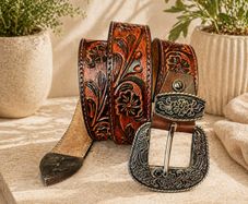 Luxury Handcrafted Genuine Leather Belt Vintage Floral Embossed Brown Leather Casual & Western Style Belt