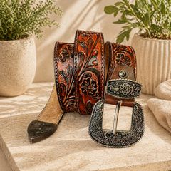 Luxury Handcrafted Genuine Leather Belt Vintage Floral Embossed Brown Leather Casual & Western Style Belt