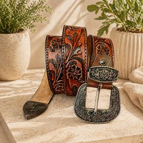 Luxury Handcrafted Genuine Leather Belt Vintage Floral Embossed Brown Leather Casual & Western Style Belt