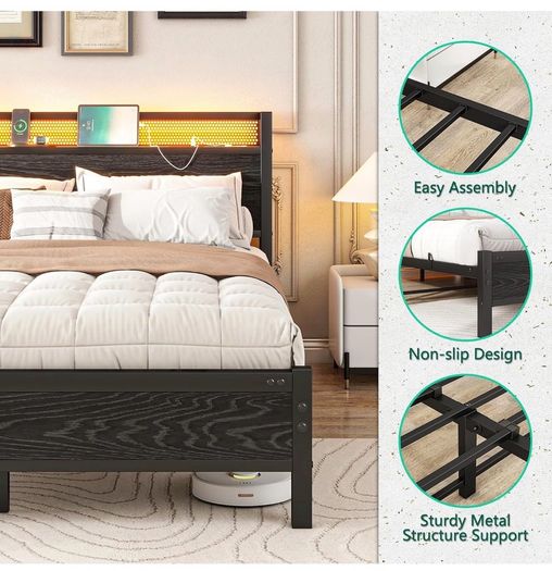 Double Bed Frame with LED Lights/Charging Station,4ft6 Metal Platform Bed Frame with Storage Headboard/Mattress Foundation/Metal Slat Support/No Box Spring Needed,Under-bed Storage,Black Bed