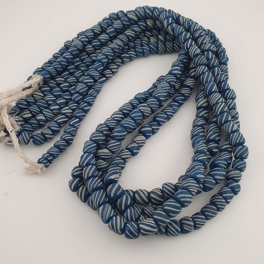 Vintage African Style White Stripe Blue 7mm -8mm Glass Beads Necklace Strand