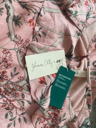 H&M Johanna Ortiz Silky Pink Floral One Shoulder Ruffle Maxi sz12