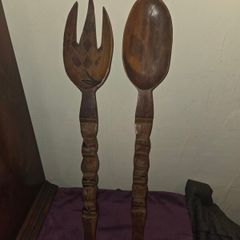 Large carved wooden Spoon and Fork lenght 24 inches