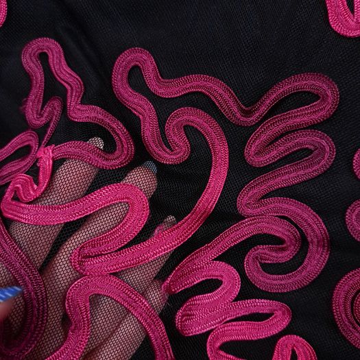 Country Casuals CC Black Sheer Mesh Fuchsia Pink Soutache Ribbon Embroidered V-Neck Midi Dress 16UK/44EU