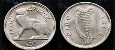 [#419] - Ireland 1968 | 3 Pence | Irish 3d | Hare | KM.12a | MS