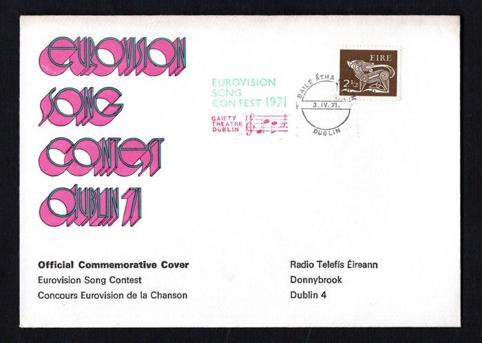 1971 Ireland Eurovision Song Contest in Dublin (Gaiety Theatre Dublin) Cancel tying 2 1/2p Gerl definitive recording the use of first multi-coloured postmark