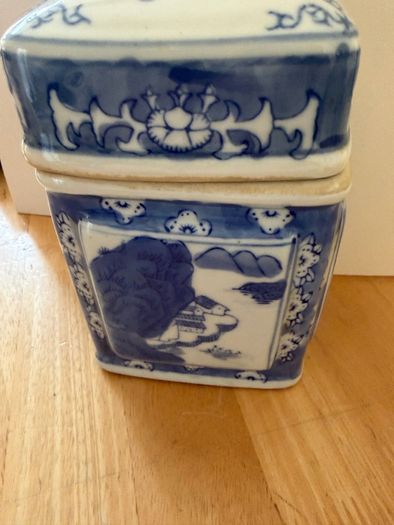 Vintage Asian Blue and White Lidded Ceramic Jar
