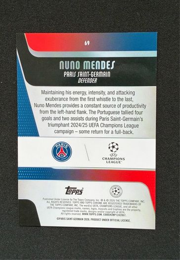 Nuno Mendes /199 2025-26 Topps Chrome UEFA PSG Portugal #69
