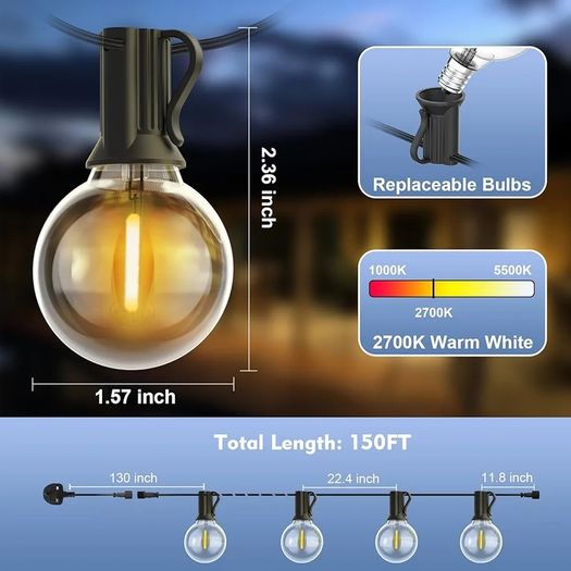 Lights Outdoor 150Ft, LED Outdoor String Lights Mains Powered Waterproof Garden Lights with 75+2 Shatterproof Plastic G40 Bulbs for Party, Patio, Wedding, Party, Terrace