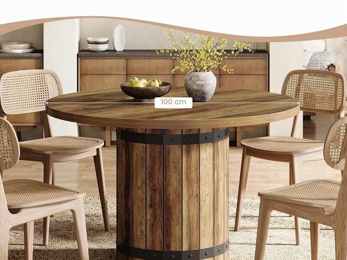 Round Dining Table, 100 cm Kitchen Table with Fence Wooden Base (Table Only)