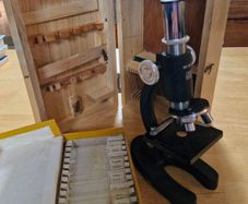 Vintage Sky Bolt 100x - 300x Microscope Set in Wooden Box with Sample Slides