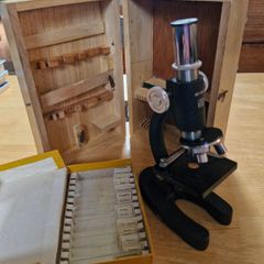 Vintage Sky Bolt 100x - 300x Microscope Set in Wooden Box with Sample Slides