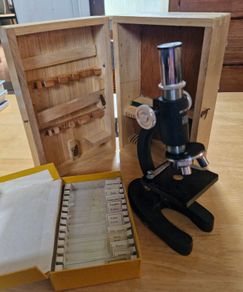 Vintage Sky Bolt 100x - 300x Microscope Set in Wooden Box with Sample Slides