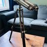 Large brass double barrel binocular telescope on wooden tripod Image 3