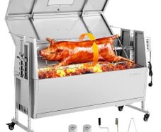 Rotisserie Grill, 38W BBQ Outdoor Pig & Lamb Spit Roaster, Charcoal Spit Roaster with 60 kg Capacity, Wheels & 4-Level Height, Stainless Steel Electric Rotisserie Grill Kit for Camping Outdoor