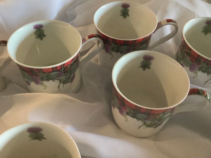 4 Fine China Thistle Tartan Mugs