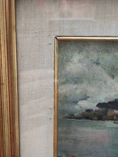 Oil painting of a harbour with boats