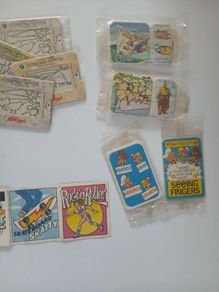 Scrace lot of 1980s retro cereal freebies . Kelloggs Rice crispies , sugar puffs stickers games and cards .