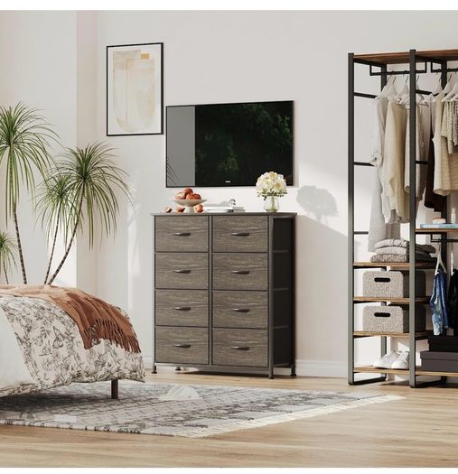 8 Drawers Chest of Drawers, Fabric Storage Dresser Vertical with Spacious Wooden Tabletop