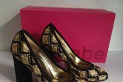 Le Babe Mirror 5019 Black Gold Embroidered Block Heel Court Shoes EU36 BNIB CAN POST