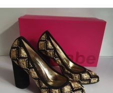 Le Babe Mirror 5019 Black Gold Embroidered Block Heel Court Shoes EU36 BNIB CAN POST
