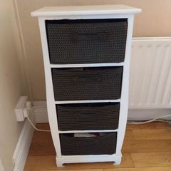 White storage unit with 4 wicker style drawers