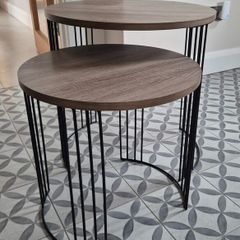 Matching layered wood effect metal legs side table set