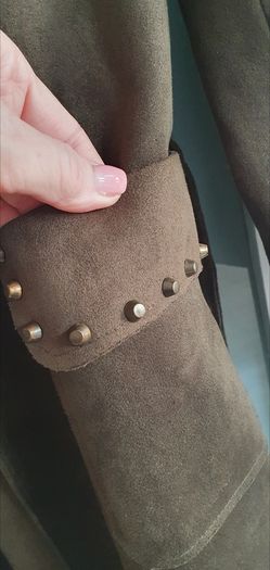 MADISON khaki midi length coat with stud detail open front with tie Sz L (12-16 UK) - Rrp 289 (New)