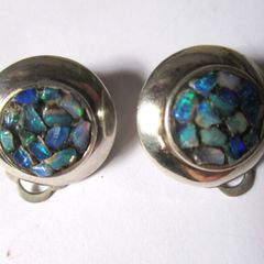 Pair Of Australian Silver Opal Chip Inlay Clip On Earrings