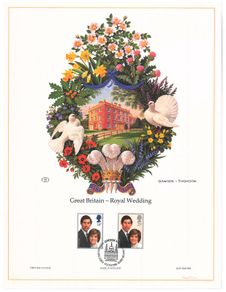 1981 Great Britain Royal Wedding Prince Charles and Lady Diana Spencer Commemorative stamps with First Day of Issue Cancel Limited Edition Lithographed Print measuring 333mm X 257