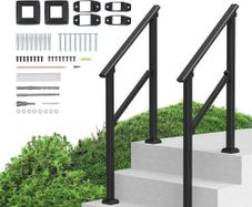Handrails for Outdoor Steps, 2 PCS 2-3 Step Stair Hand Rail Kit, Transitional Carbon Steel Railings with Installation Kit, Stair Rails for Seniors, Concrete & Porch & Deck, Black Square Tube