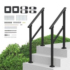 Handrails for Outdoor Steps, 2 PCS 2-3 Step Stair Hand Rail Kit, Transitional Carbon Steel Railings with Installation Kit, Stair Rails for Seniors, Concrete & Porch & Deck, Black Square Tube