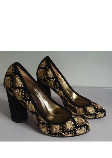 Le Babe Mirror 5019 Black Gold Embroidered Block Heel Court Shoes EU36 BNIB CAN POST
